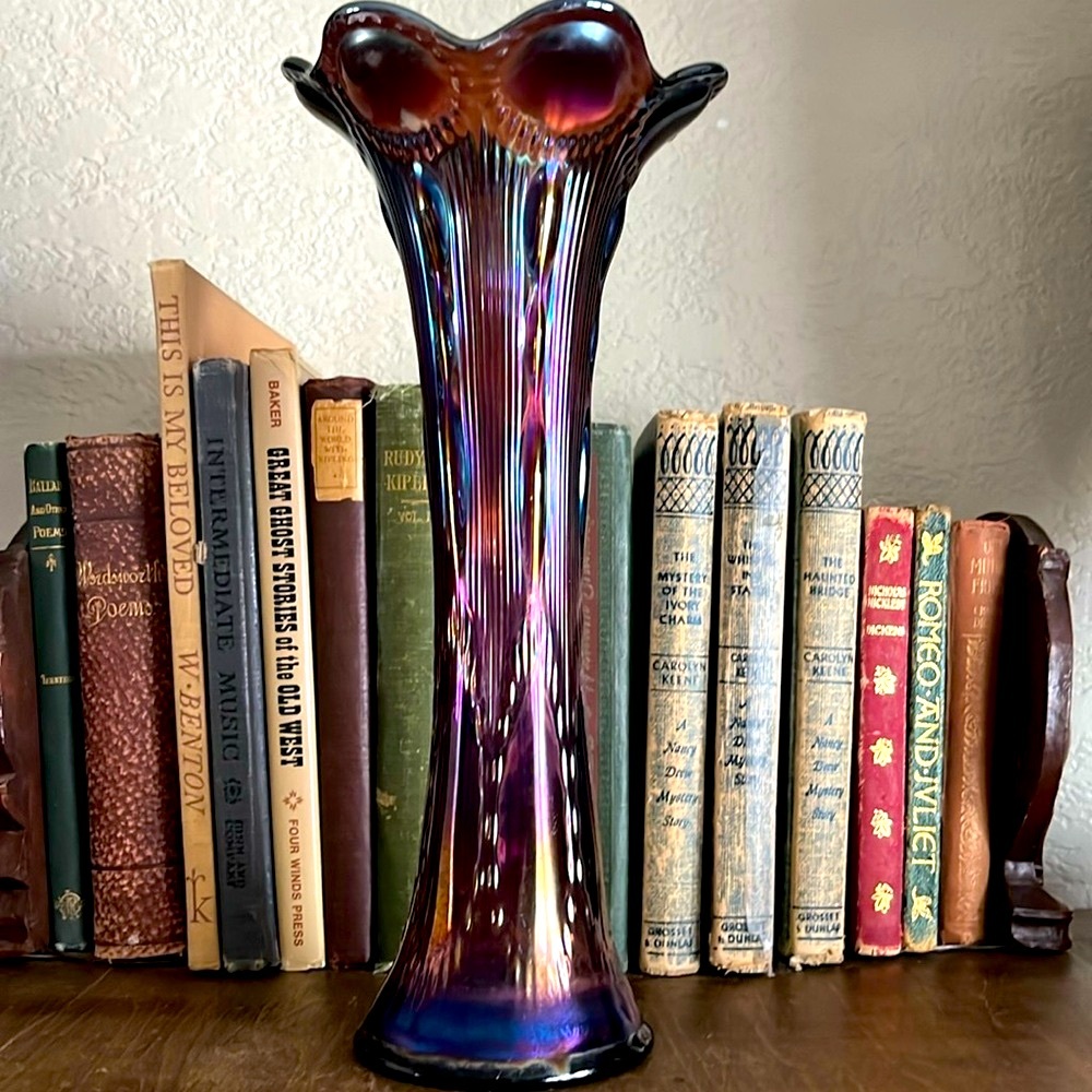 Antique Imperial Carnival Glass Beaded Bullseye Vase Amethyst (Early 1900s)